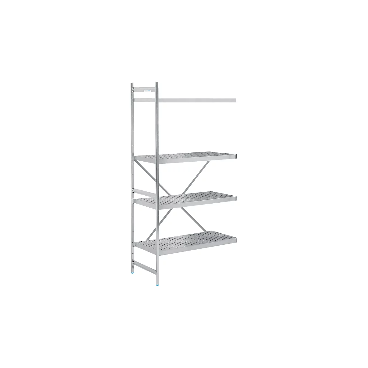 Silver shelf with four perforated shelves and support struts.