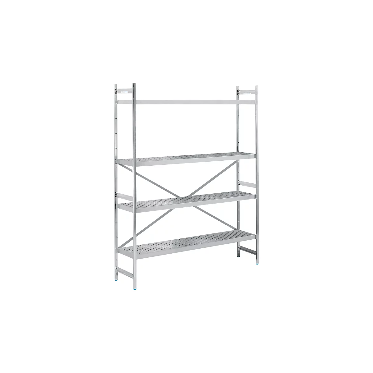 A silver metal shelf with four shelves, diagonal struts, and perforated shelves.