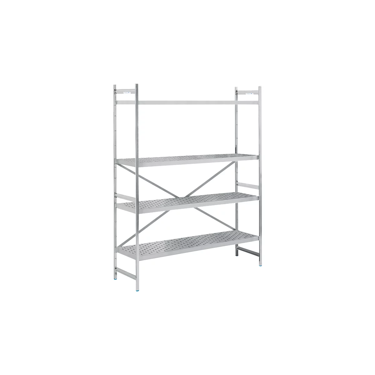 Stainless steel shelf with three shelves and perforated sheet metal. Gray metal structure. Horizontal view.