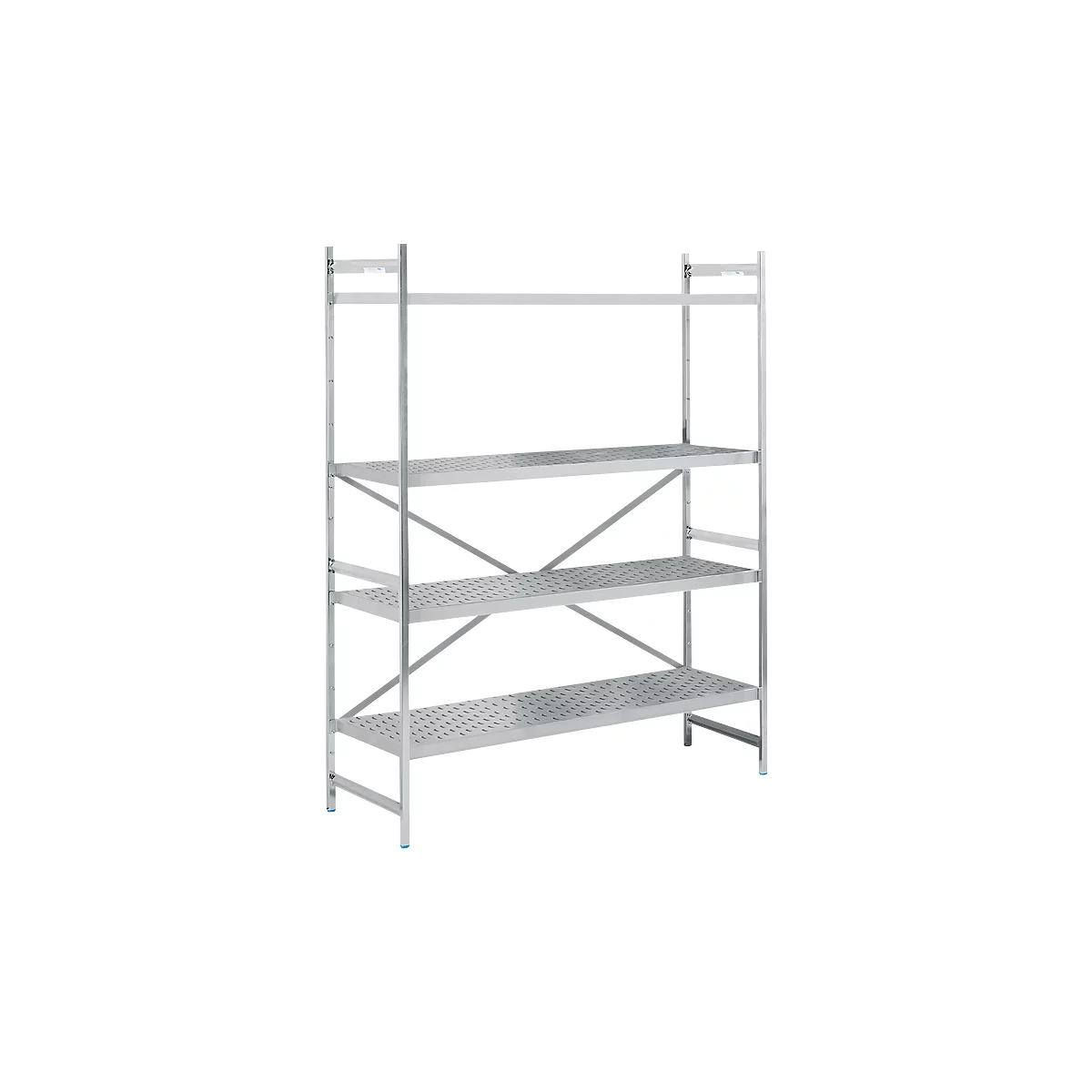 A silver metal shelf with three perforated shelves stands against a white background.