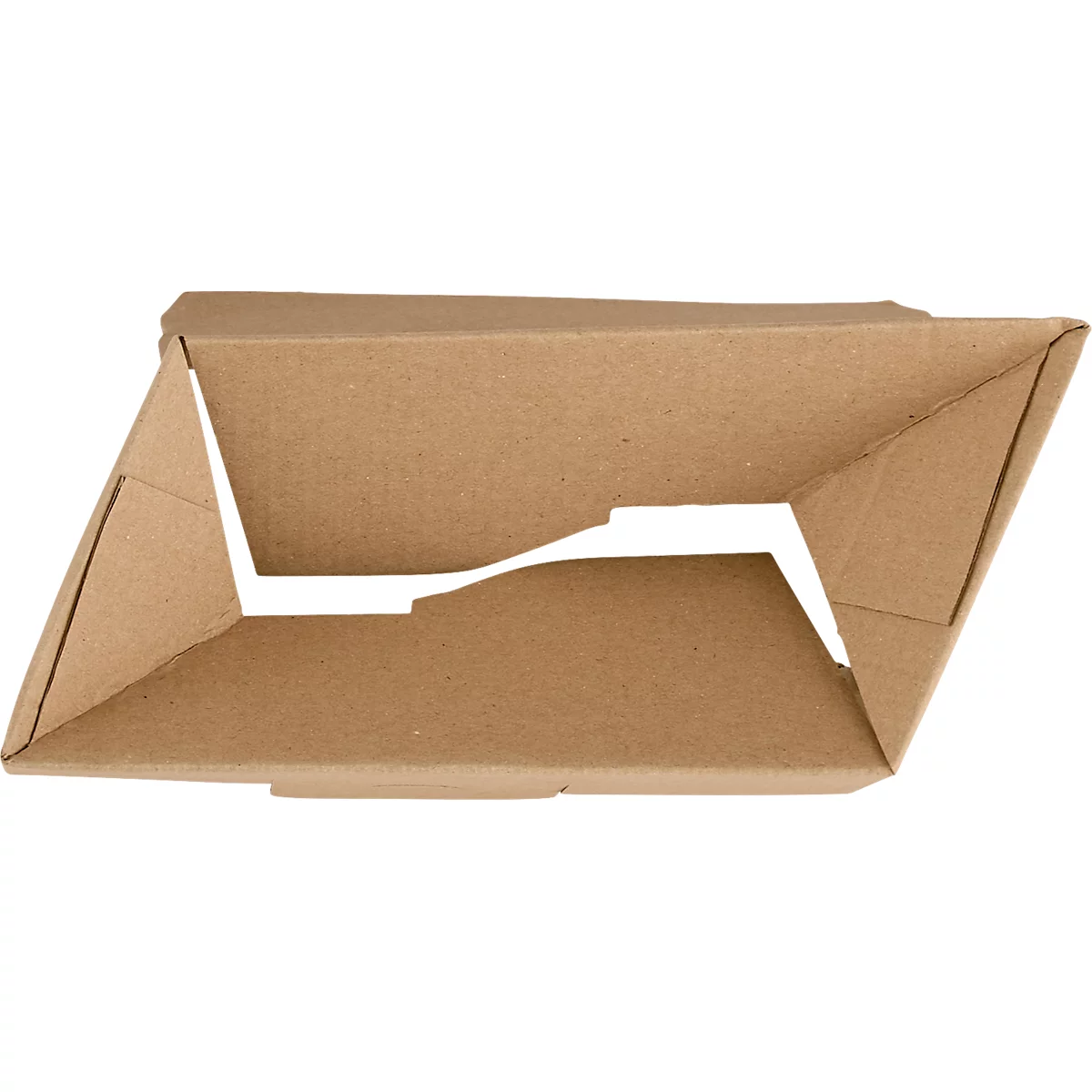 Brown cardboard box with a rectangular opening, top view. The box is folded, with angled corners.
