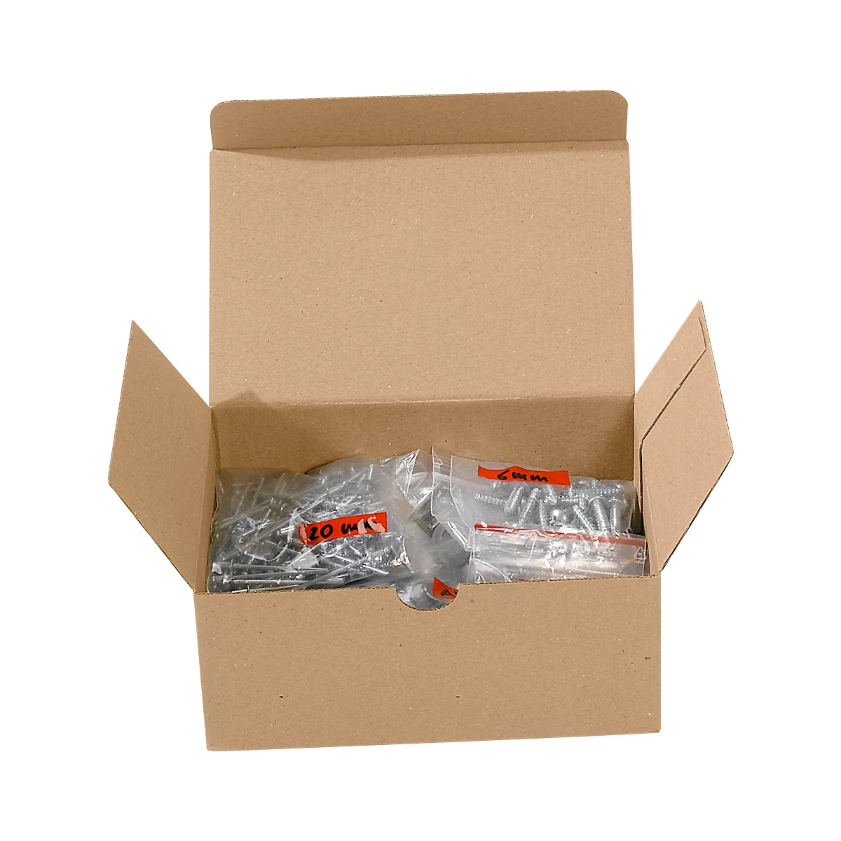 Open cardboard box with bags of screws. Red labels with writing are on the bags.