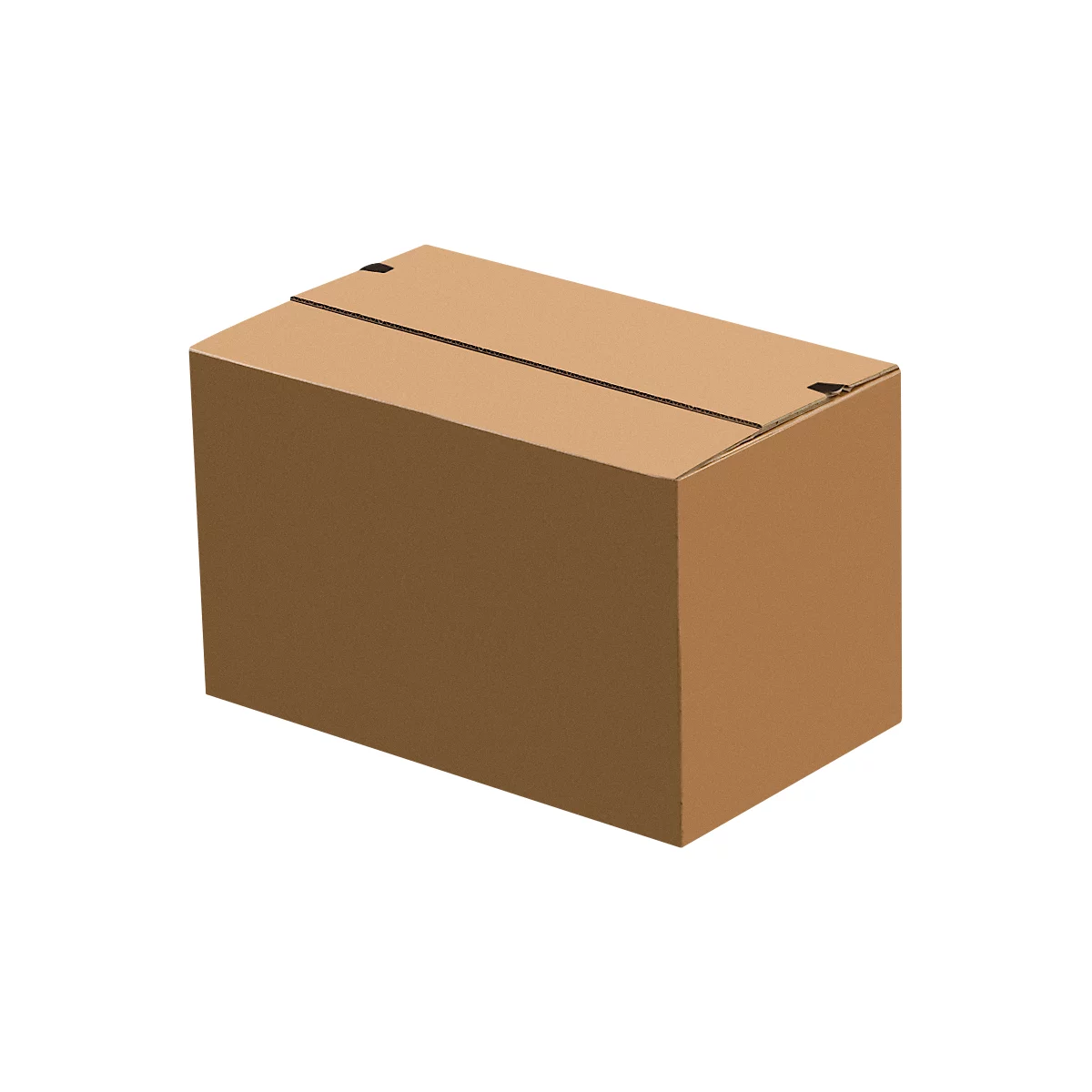 A closed, brown cardboard box. Lid slightly open, with incisions. Rectangular shape, simple.