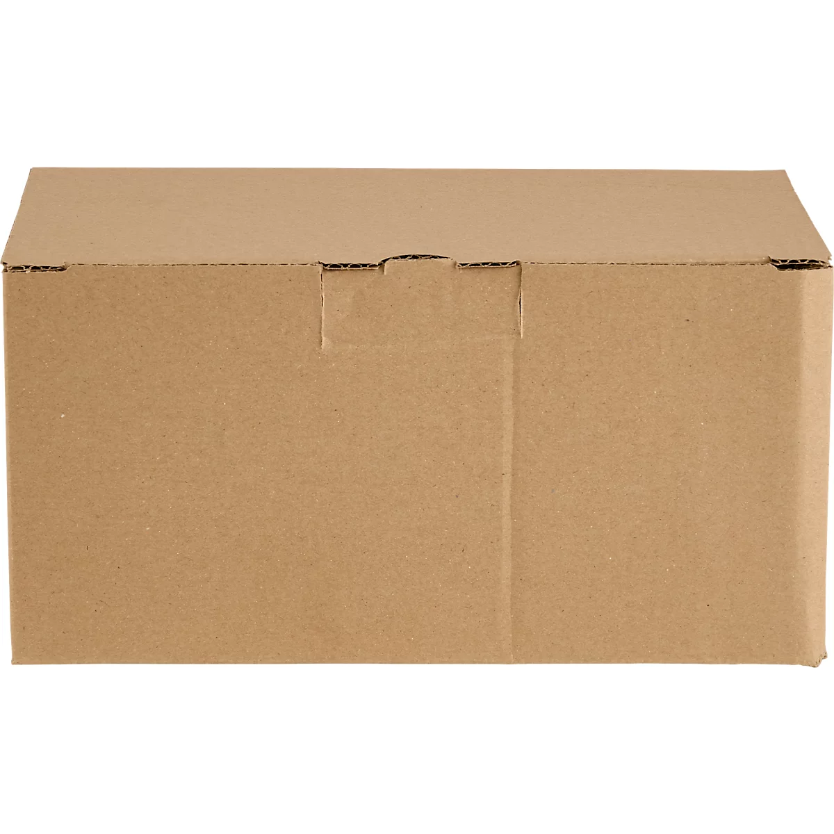 Brown cardboard box. Top with flaps and cutouts to close the box.