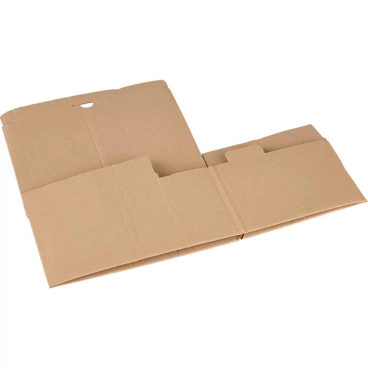 Opened brown cardboard box, spread flat. With recess.