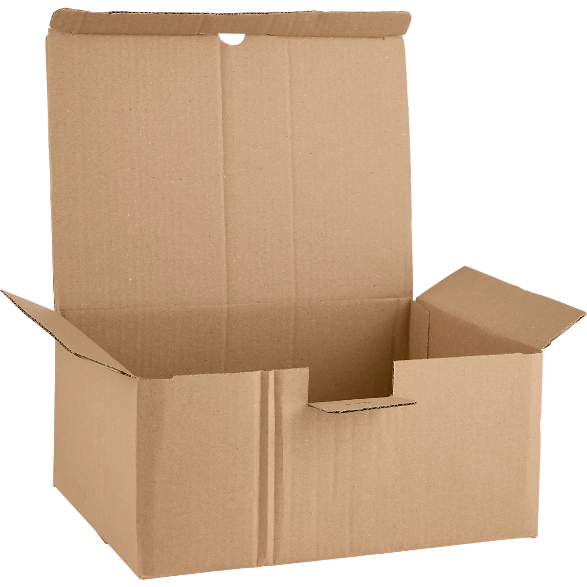 Open brown cardboard box against a white background.