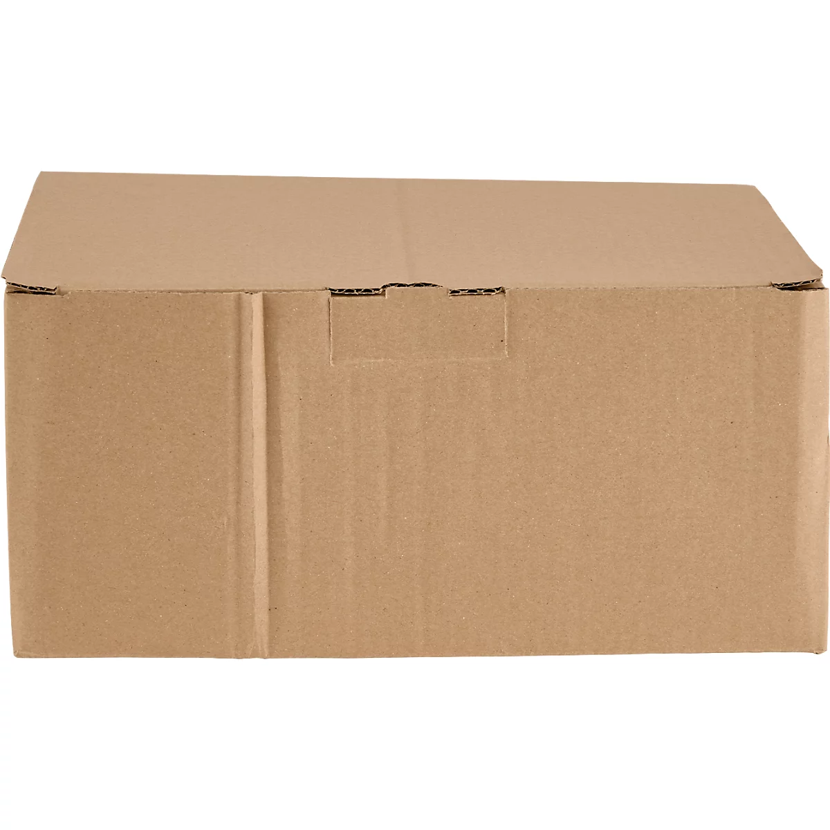 A rectangular, brown cardboard box, slightly open. The edges are clearly visible.