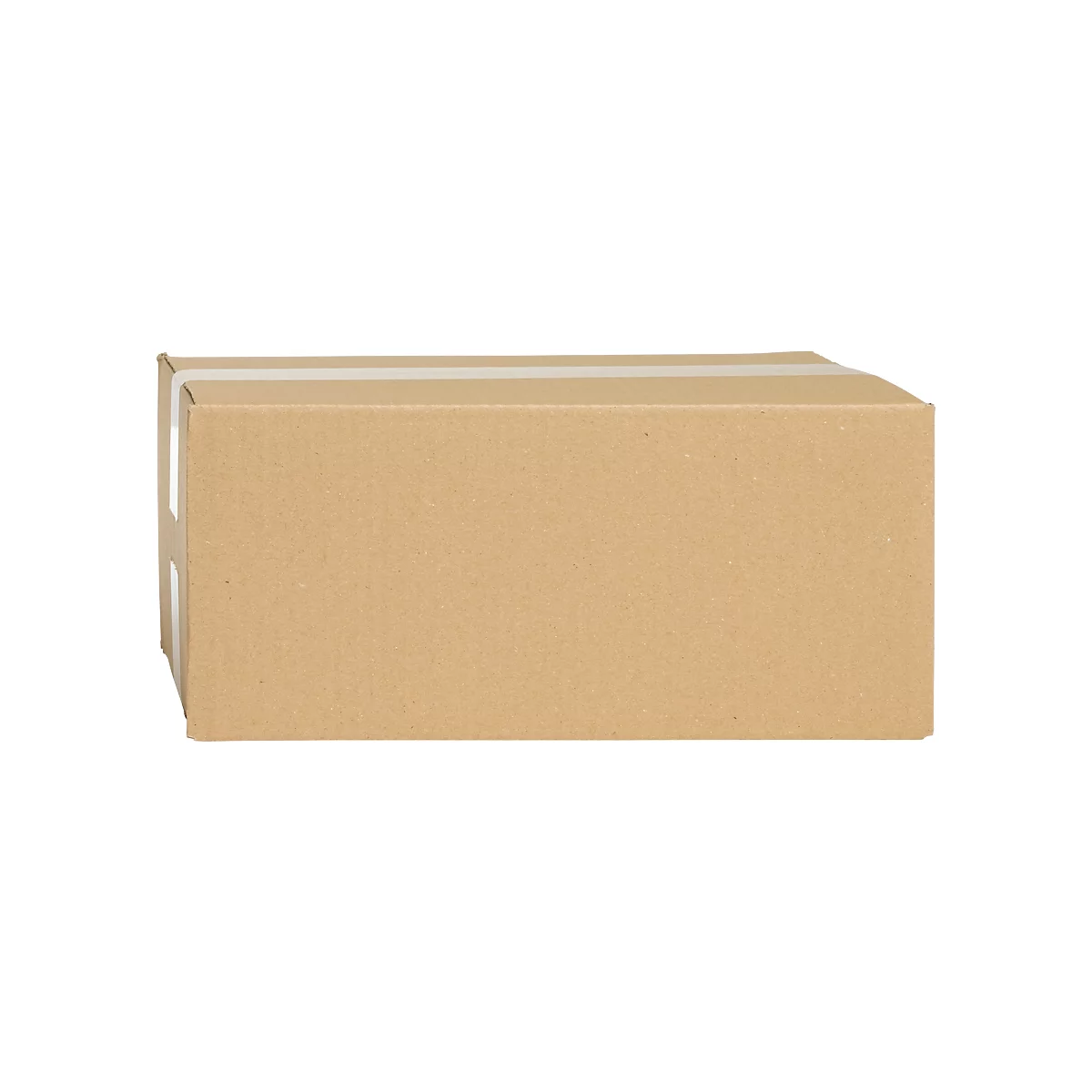 Brown rectangular cardboard box with white tape around it.