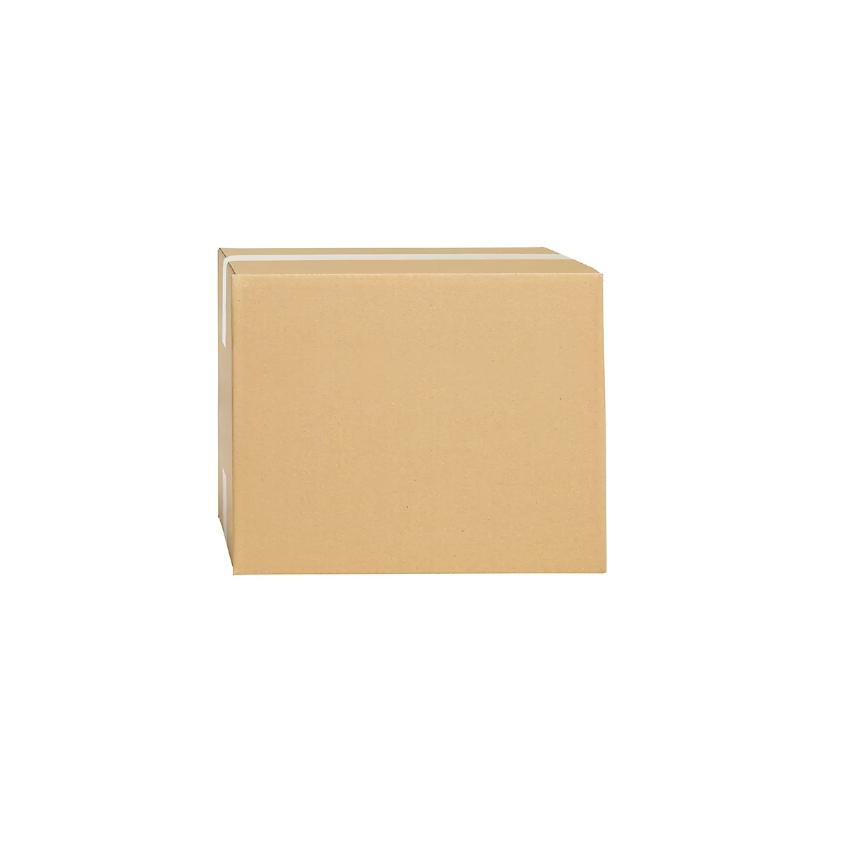 A square, brown cardboard box stands against a white background.