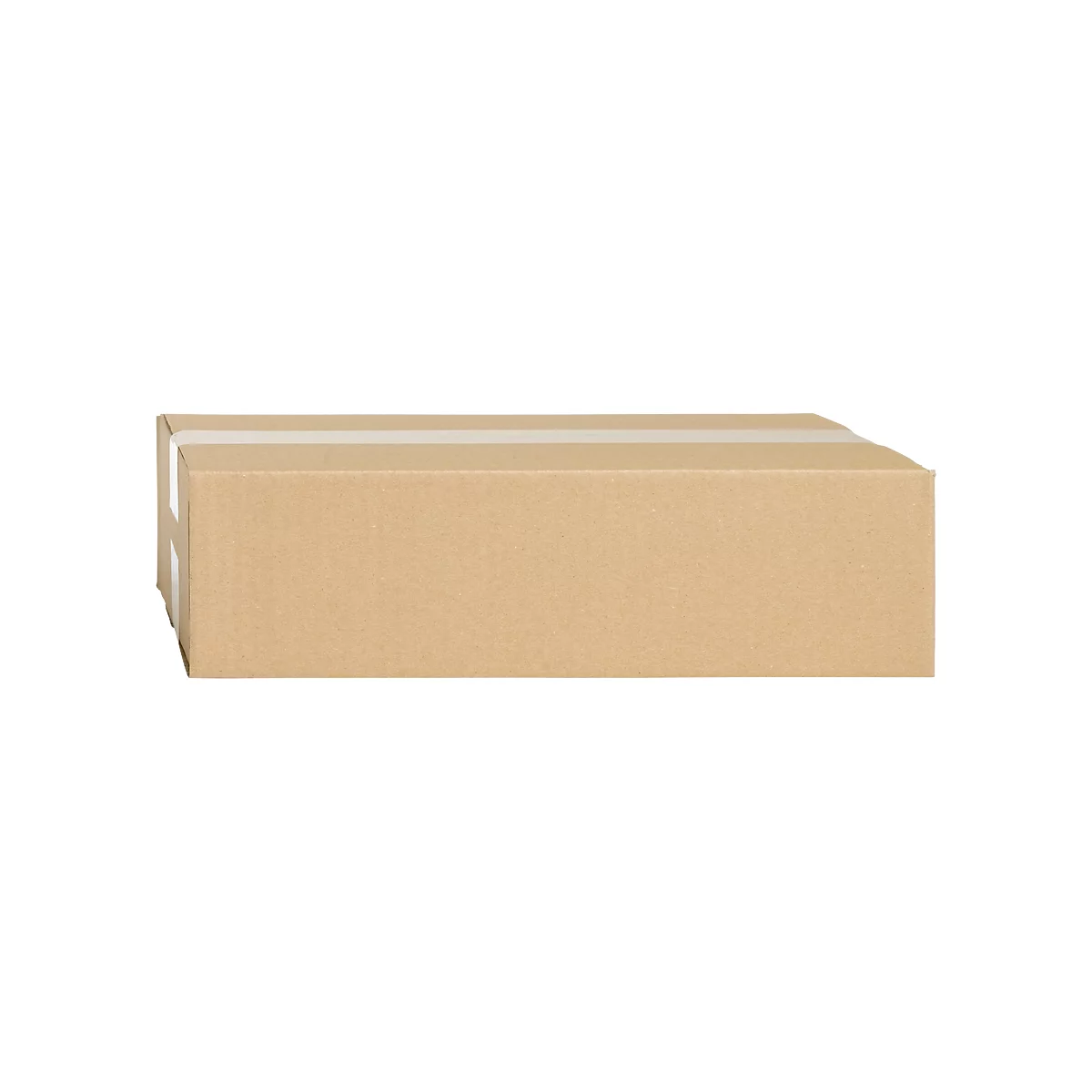 A rectangular box made of brown cardboard. The box is sealed with white tape.