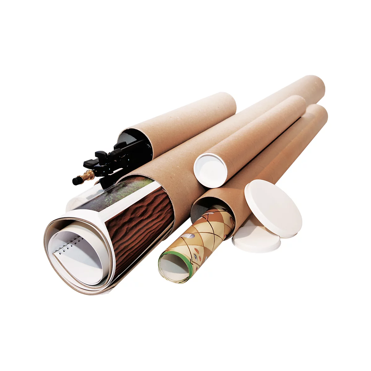 Several brown cardboard tubes, some with white lids. Images, a notepad, and a tripod protrude from the tubes.