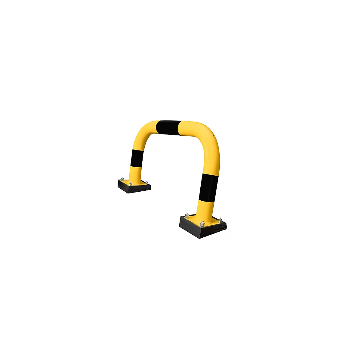 Yellow and black parking barrier with square feet, on white background.