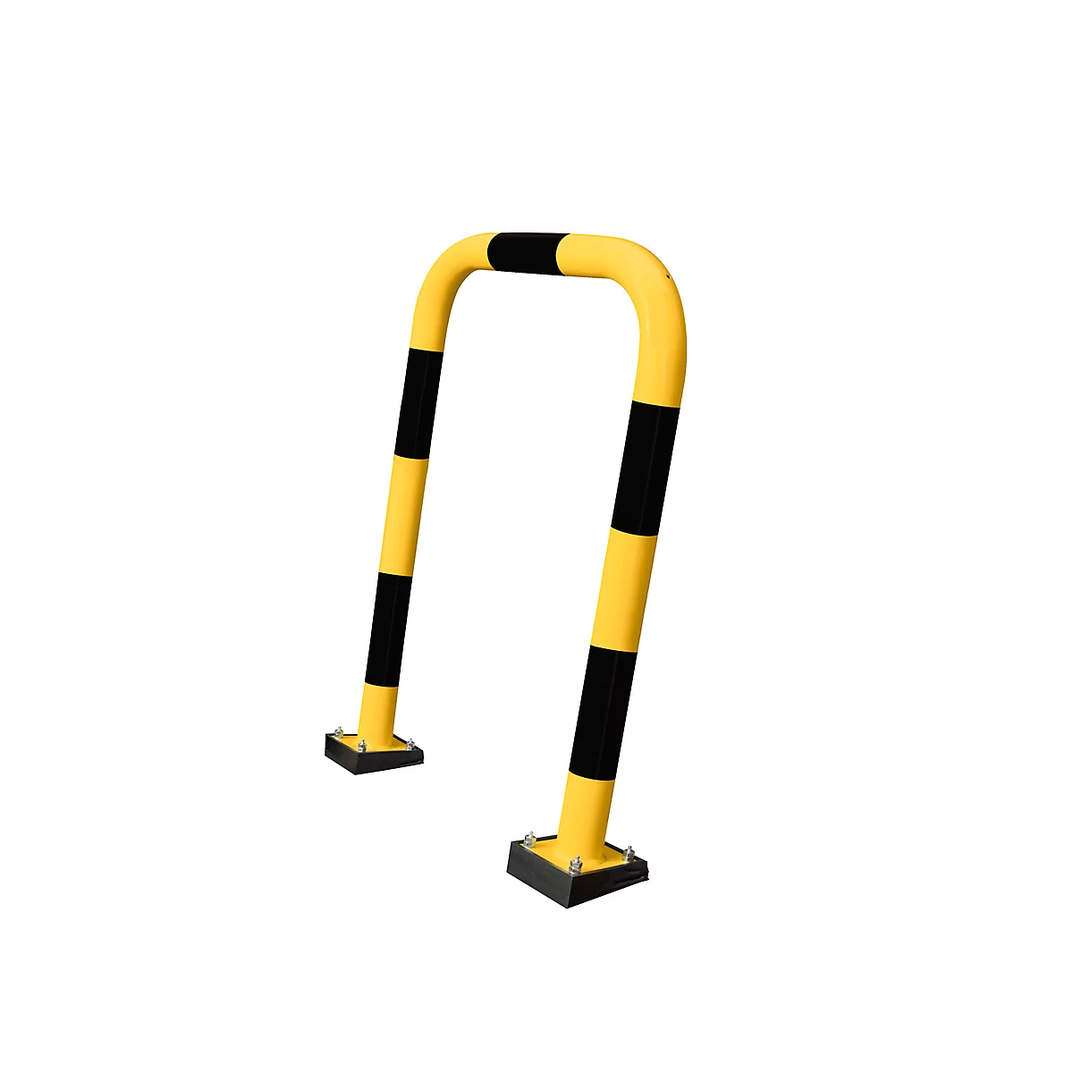 Yellow and black parking bollard against a white background. U-shaped, with square feet.