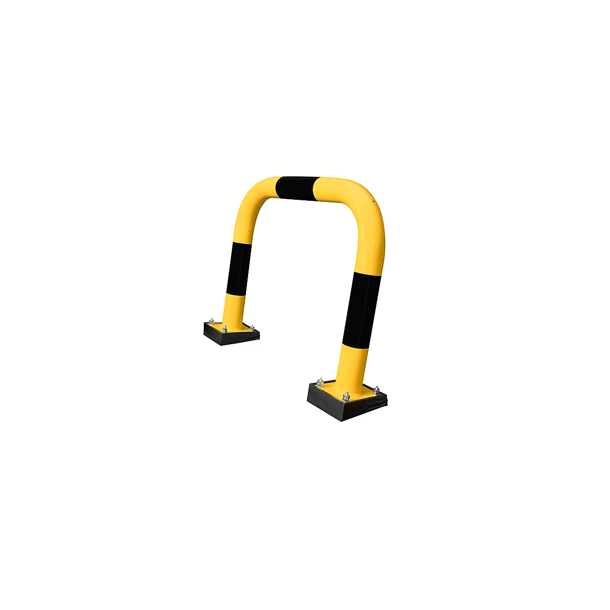 Yellow and black parking barrier on a white background. U-shaped bracket with black stripes.