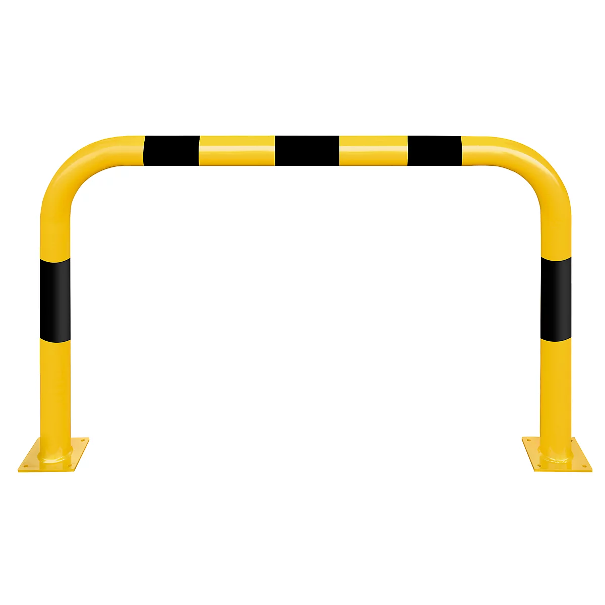 Yellow and black impact protection against a white background. The protection is made of yellow steel with black stripes and a U-shape.