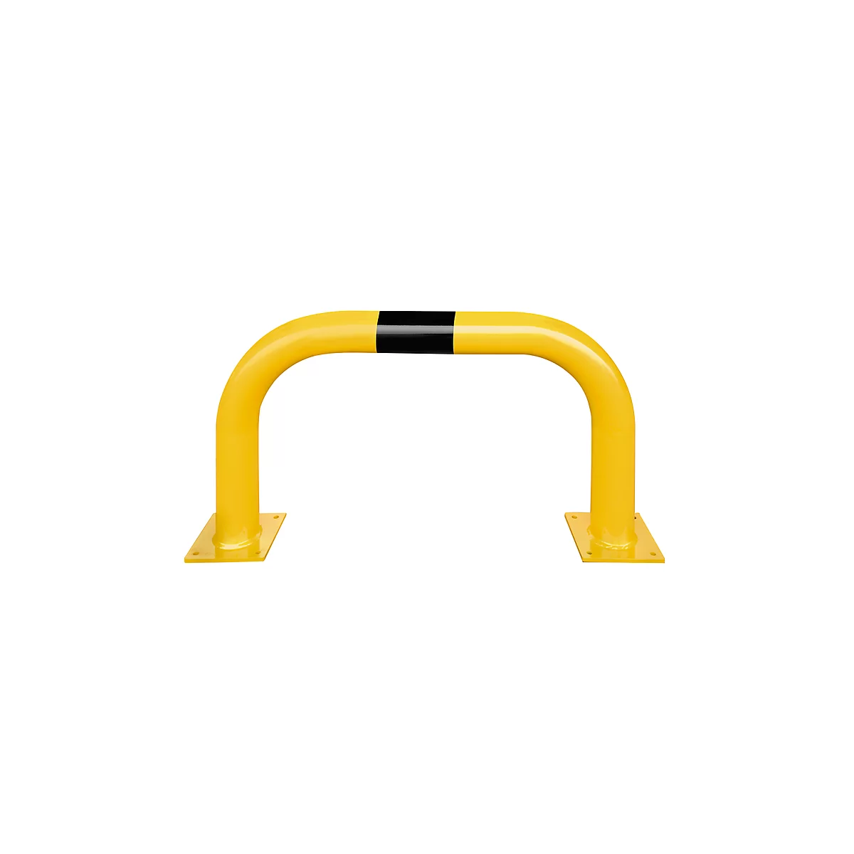 Yellow parking barrier with a black stripe. On a white background. Rectangular base.