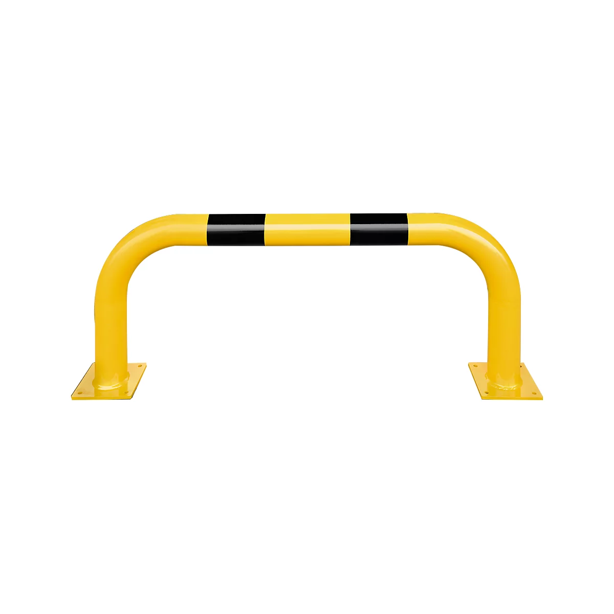 Yellow, U-shaped bollard with black stripes. The wide feet are square.