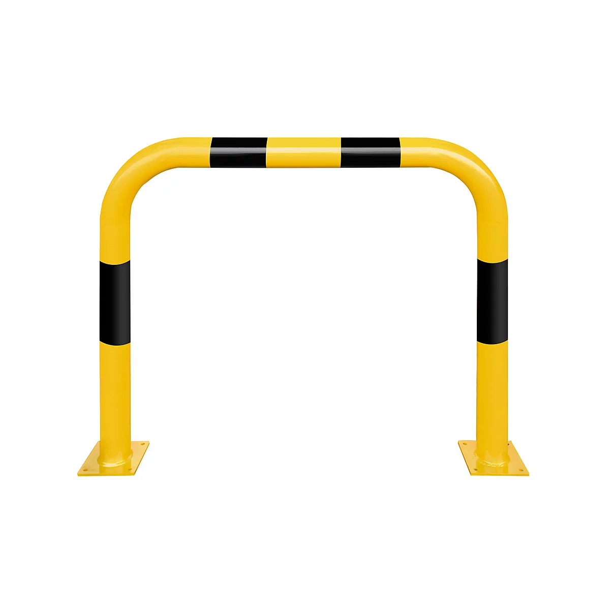 Yellow safety barrier with black stripes. Upright, square at the feet, curved at the top.