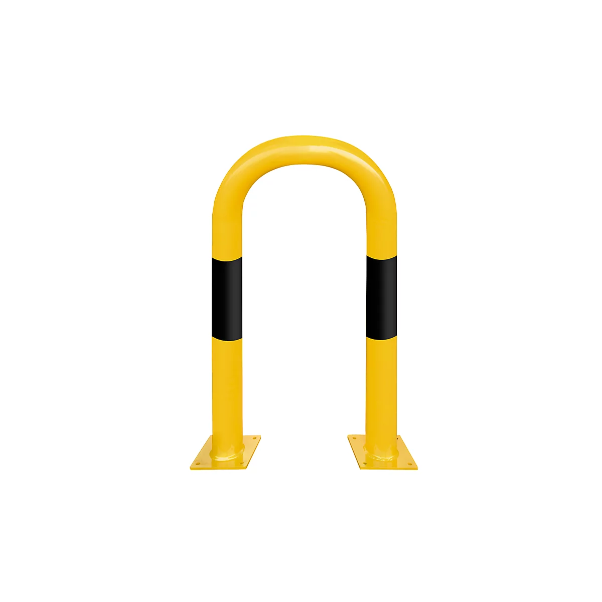 Yellow U-shaped bumper with black stripes.