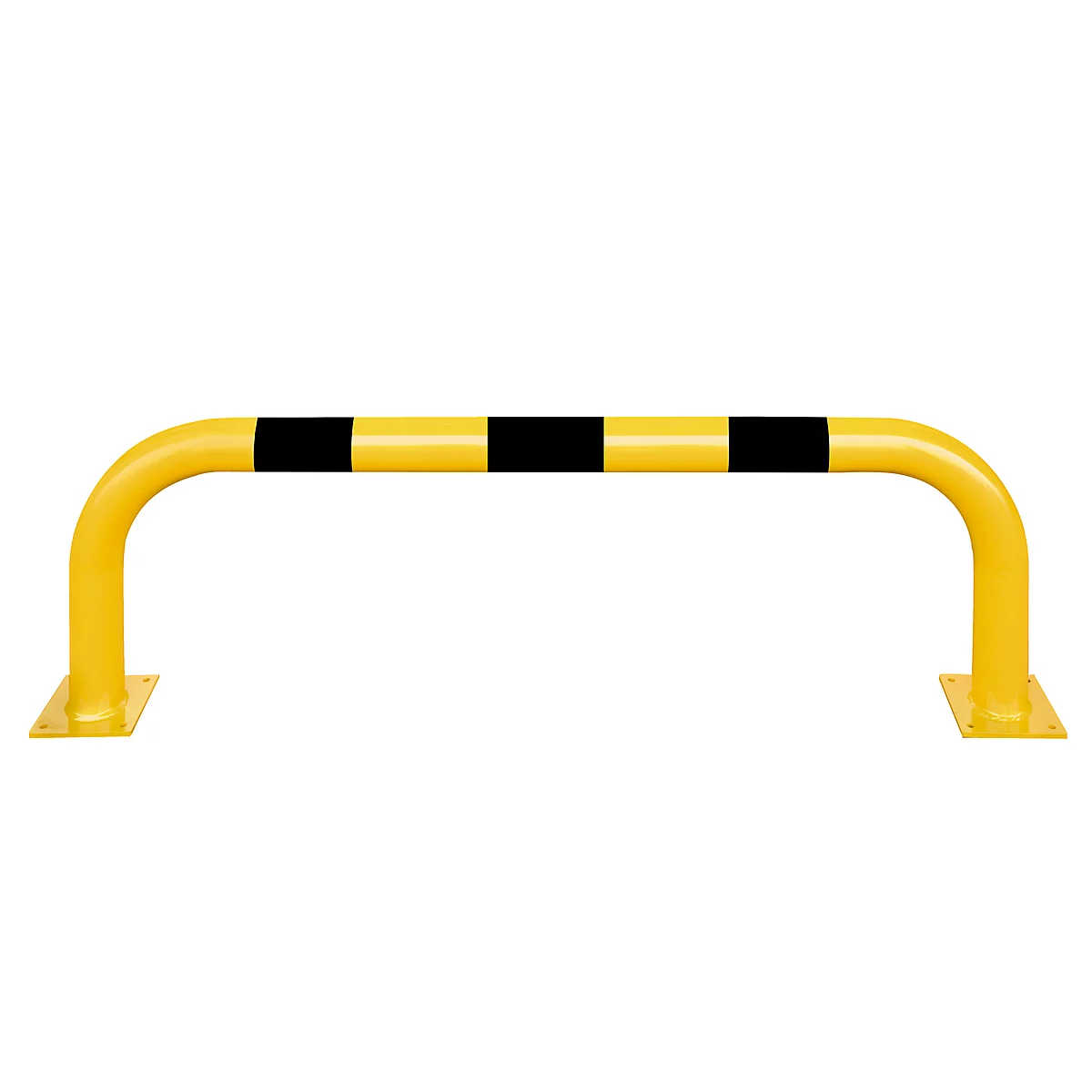 Yellow semi-circular safety barrier with black stripes, against a white background.
