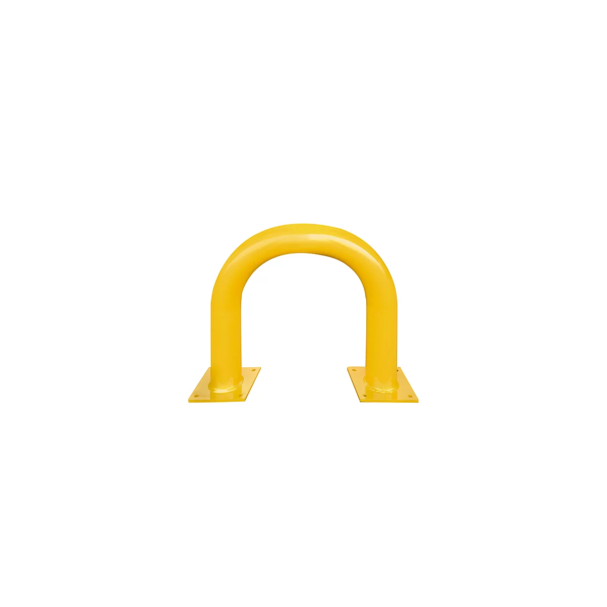 Yellow U-shaped protection barrier. Standing on rectangular plates that can be attached to the floor.