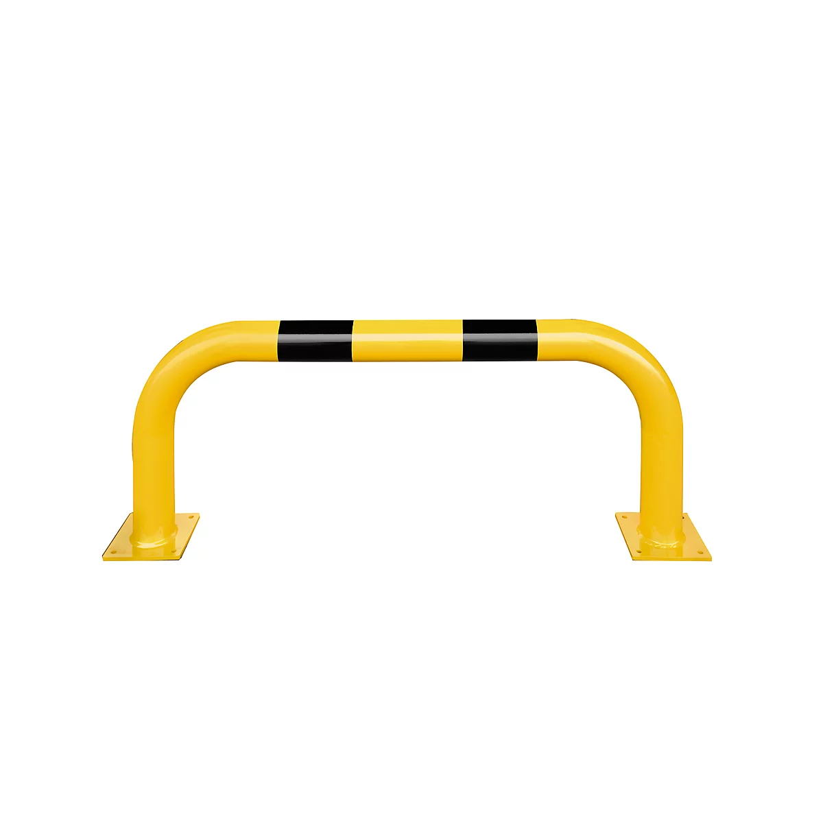 Yellow safety bar with black stripes. Rectangular feet. Curved shape.