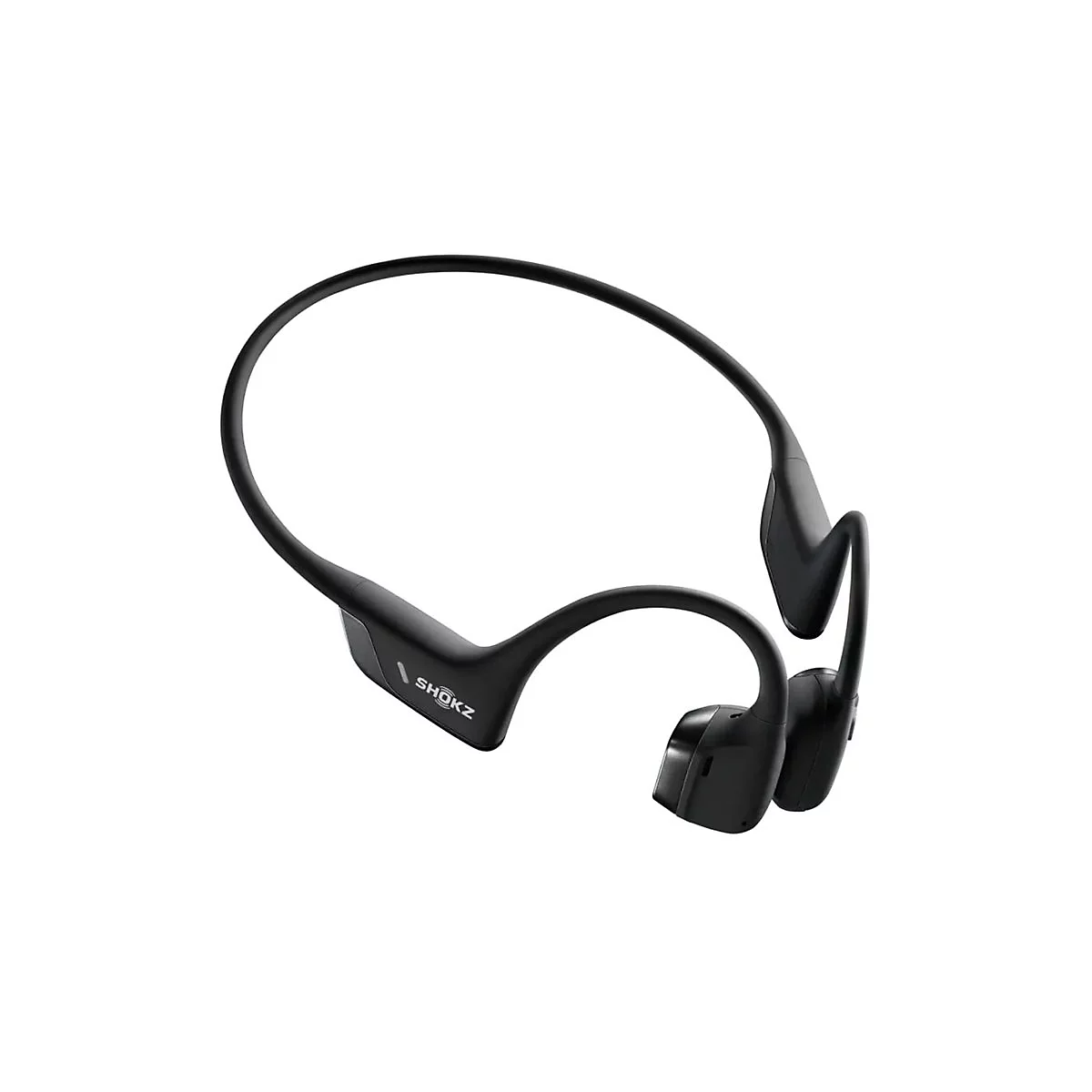 Schwarze Knochenschallkopfhörer, Marke Shokz, auf weißem Hintergrund.