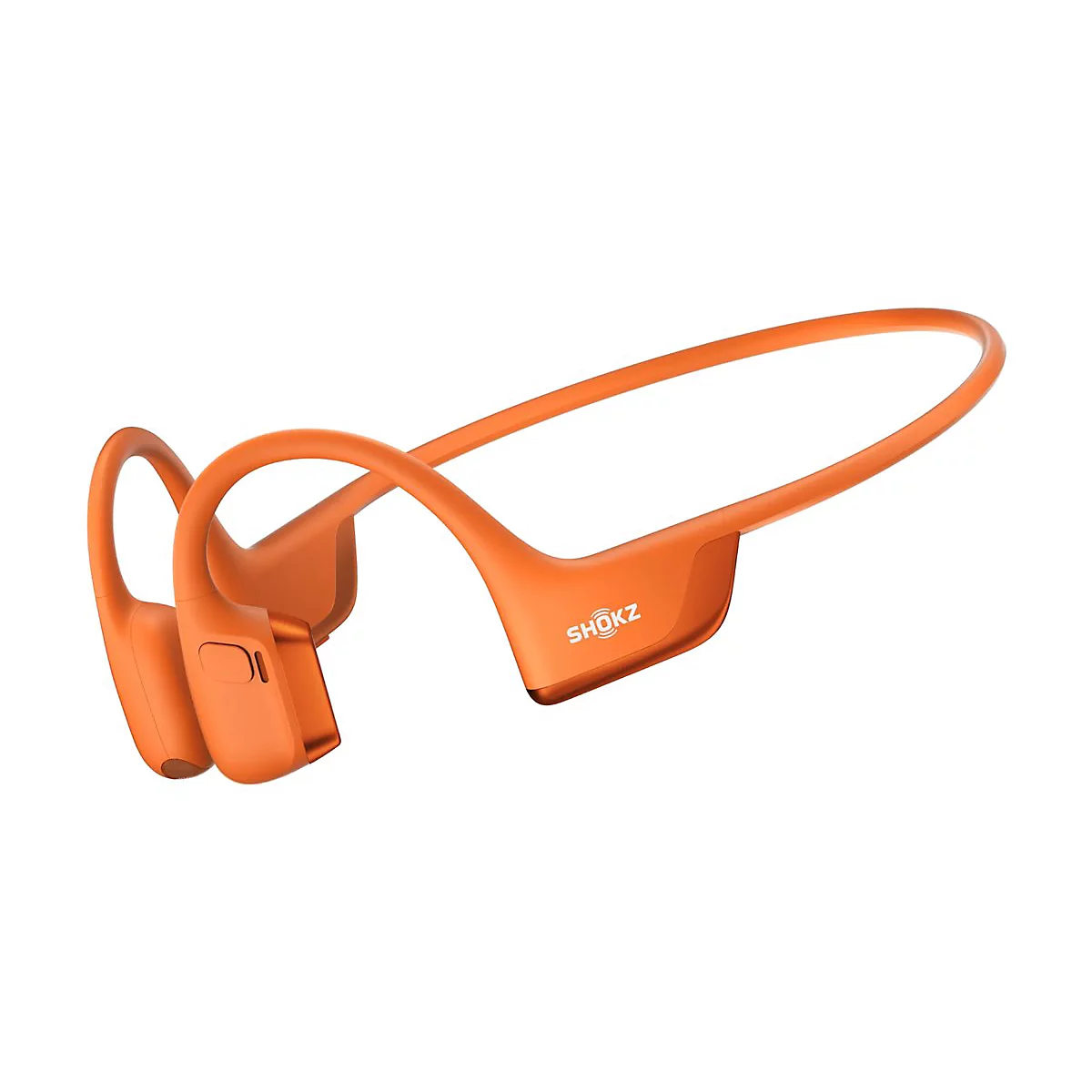 Orangefarbene Knochenschall-Kopfhörer von Shokz auf weißem Hintergrund. Ein Ohrbügel ist zu sehen, der über dem Ohr verläuft.