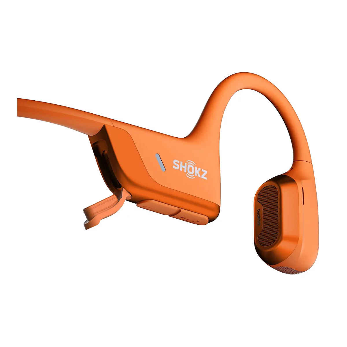 Orangefarbene Knochenschall-Kopfhörer. Das Markenlogo "Shokz" ist deutlich sichtbar.