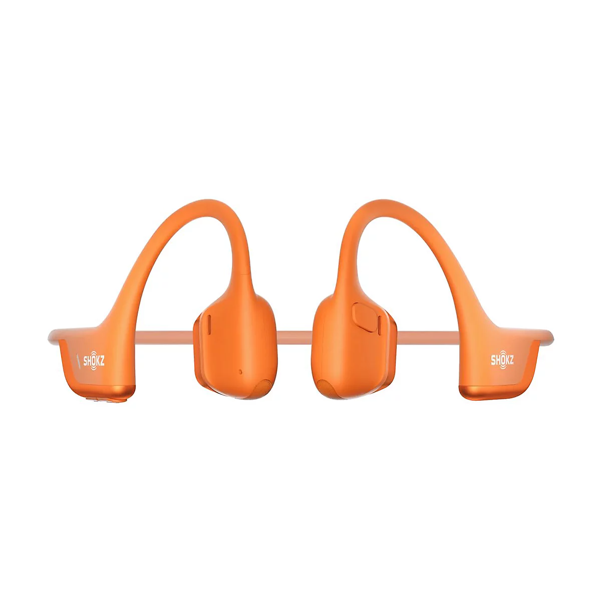 Orangefarbene Shokz-Kopfhörer, Knochenschall, auf weißem Hintergrund, Details. Der Schriftzug Shokz ist zu sehen.