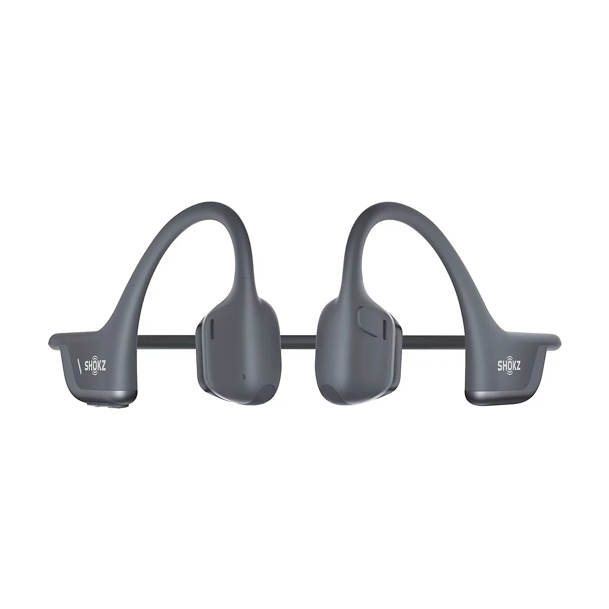 Graue Knochenschall Kopfhörer, Marke Shokz, vor weißem Hintergrund.