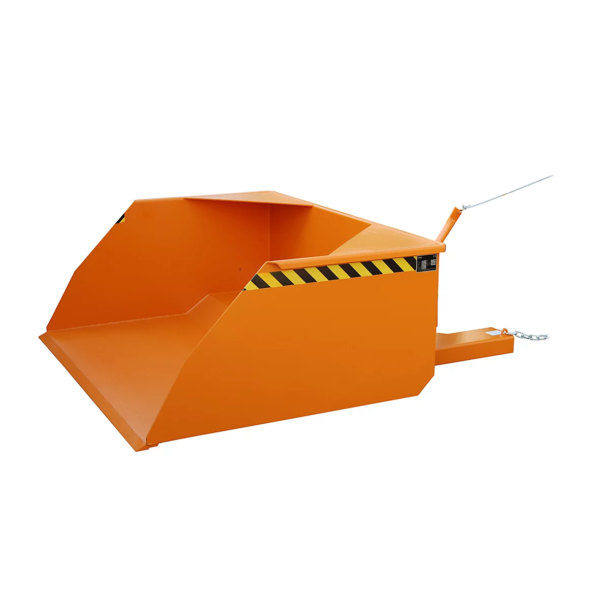 Orange trailer with yellow and black warning stripes. It has a shovel shape and a trailer for attachment.