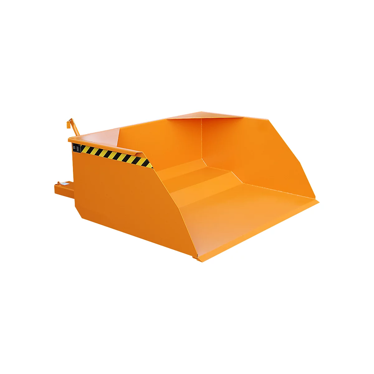 Orange construction shovel with black and yellow markings.