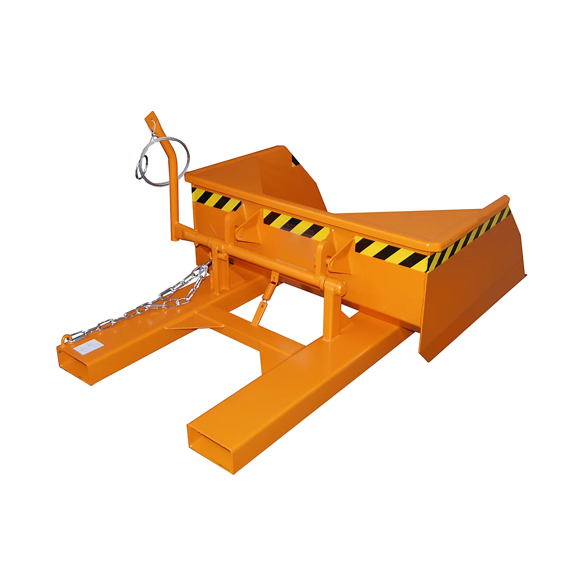 Orange-colored skip, with black and yellow warning stripes. Fork tines are on the sides.
