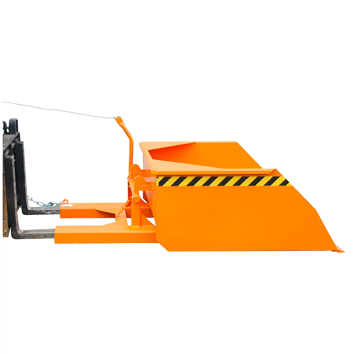 An orange attachment for a forklift shaped like a shovel. Yellow and black hazard stripes.