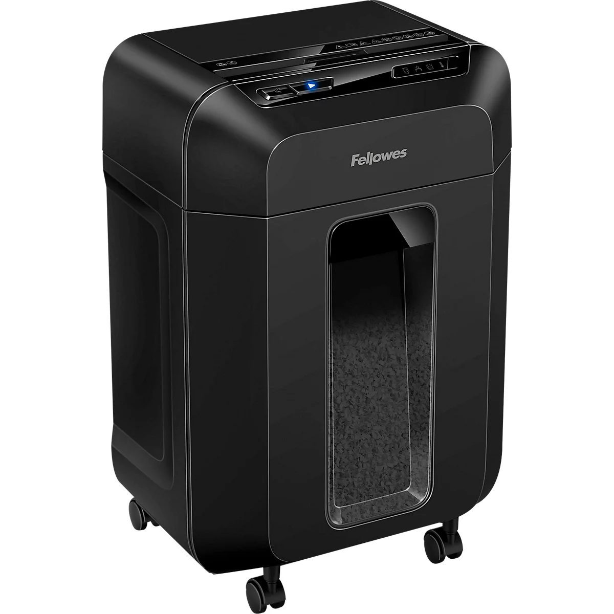 Black paper shredder with Fellowes logo, rollers and paper slot. Blue indicator light.