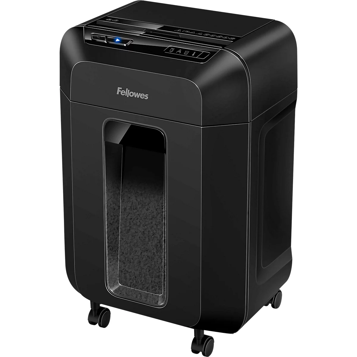 Black paper shredder with wheels and the Fellowes logo. An input slot is located on the top.