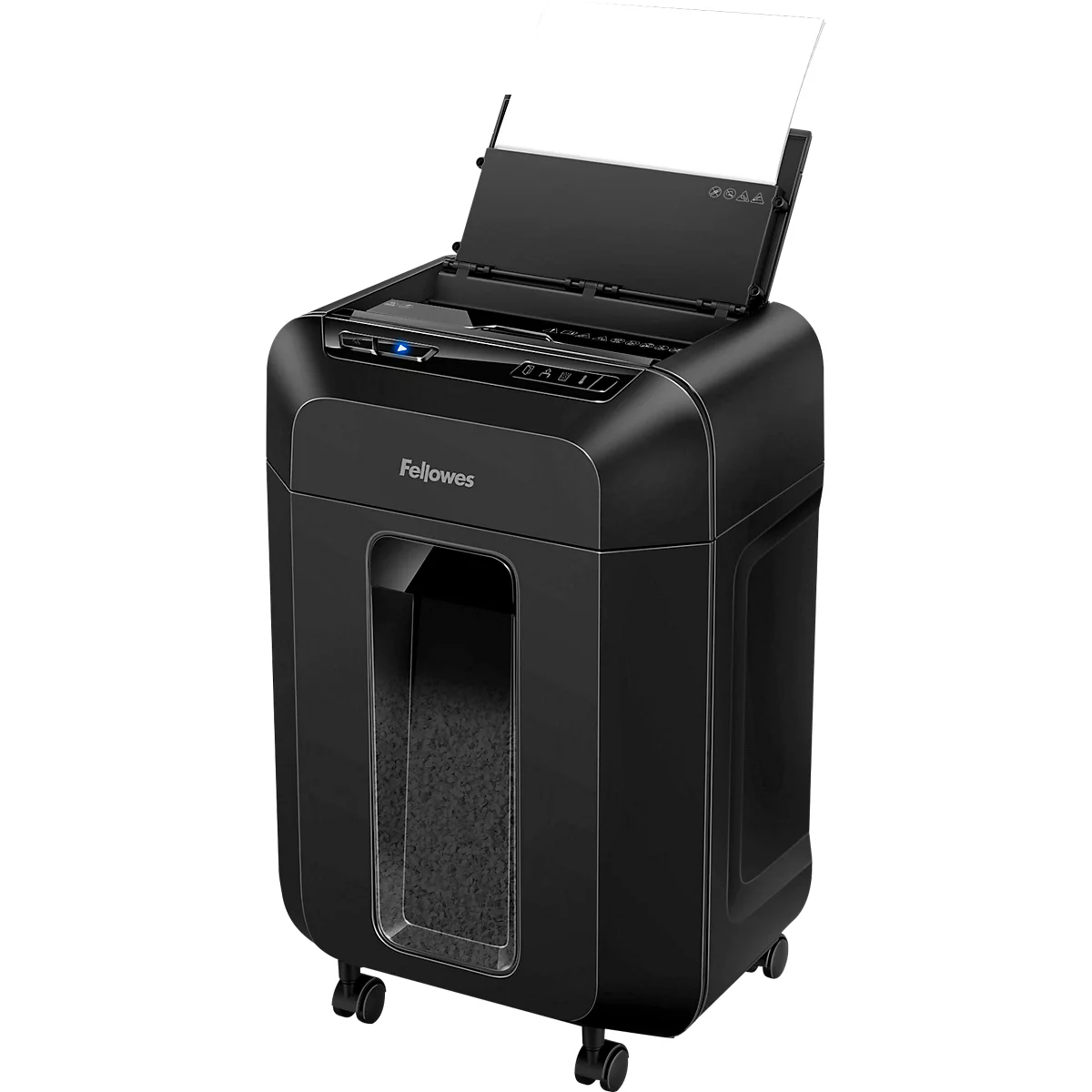 Black paper shredder with open lid. The Fellowes logo is visible. There are wheels at the bottom.