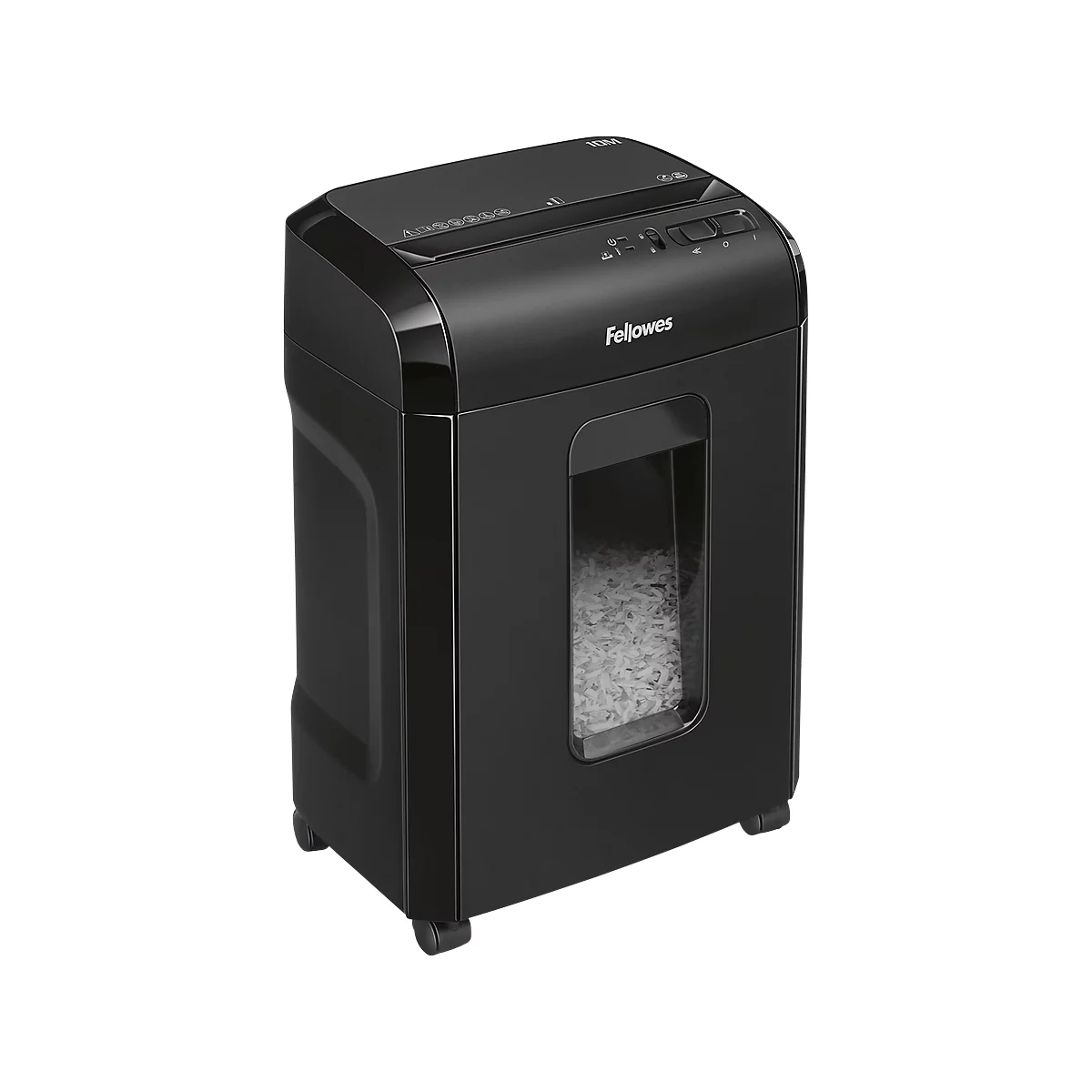 A black paper shredder with the "Fellowes" logo. Shredded paper is visible through a window.