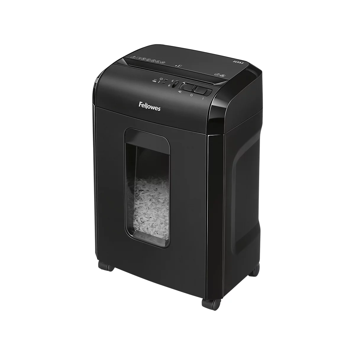 Black paper shredder with "Fellowes" logo and visible paper in a window.