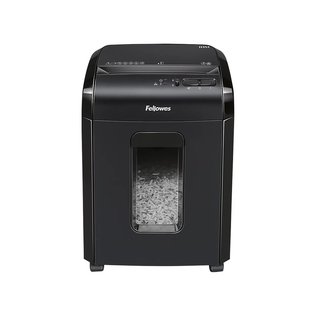 Black paper shredder with visible paper shredding bin, "Fellowes" logo.