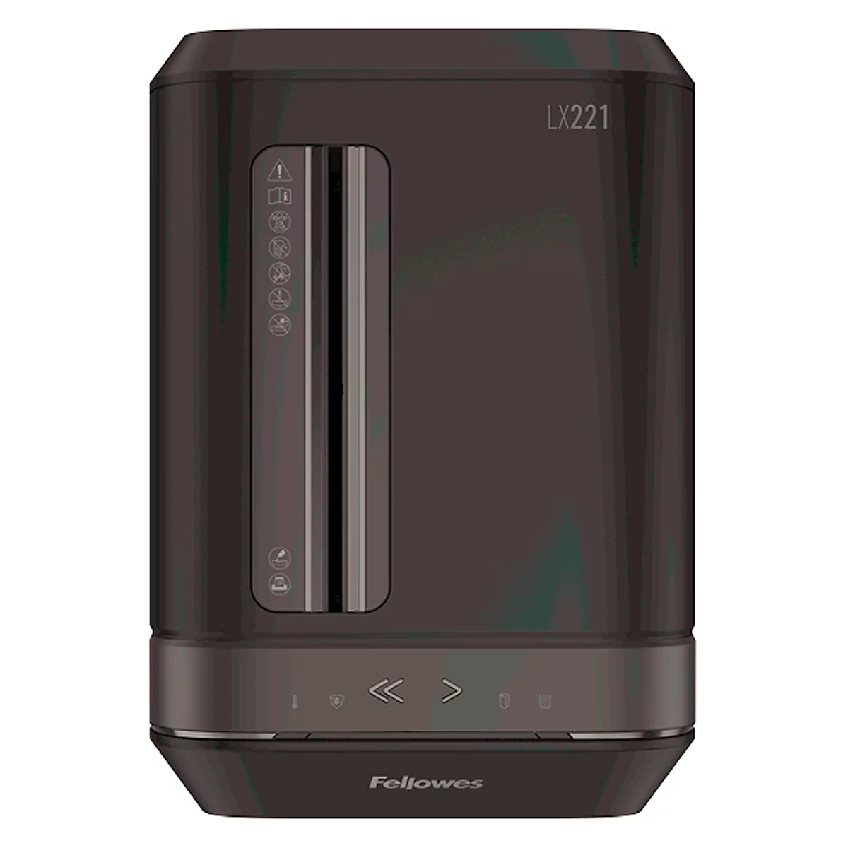 Dark gray paper shredder with controls, labeled LX221 at the top. Fellowes logo below.