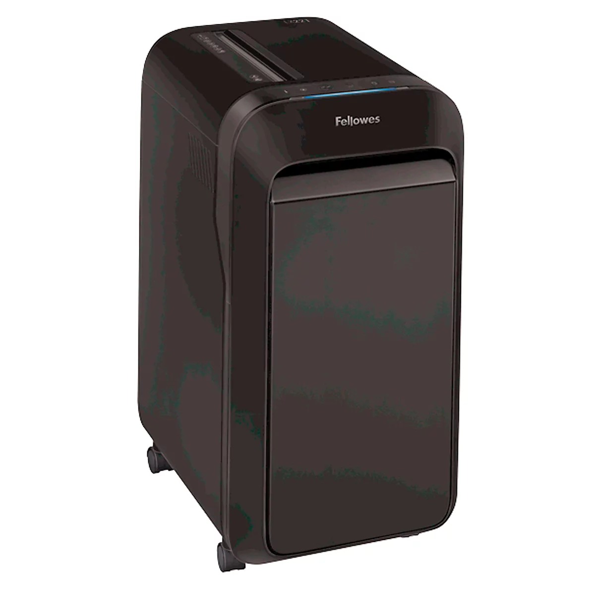 Black paper shredder with wheels. There are two input slots at the top, the front says "Fellowes".