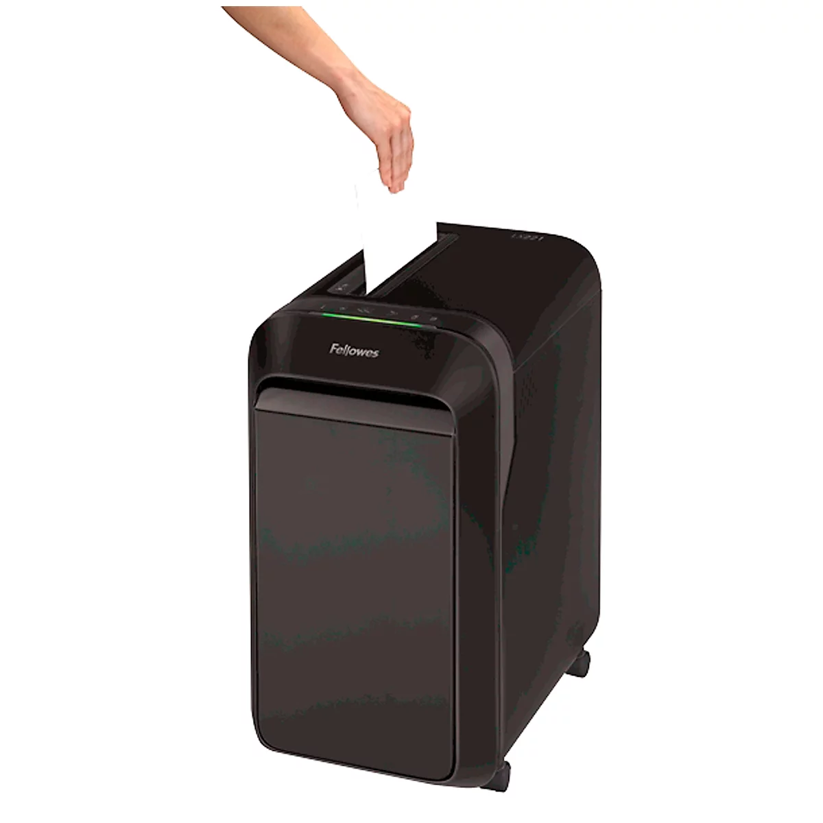 Person dropping paper into a black shredder. The brand name Fellowes is visible on the device.