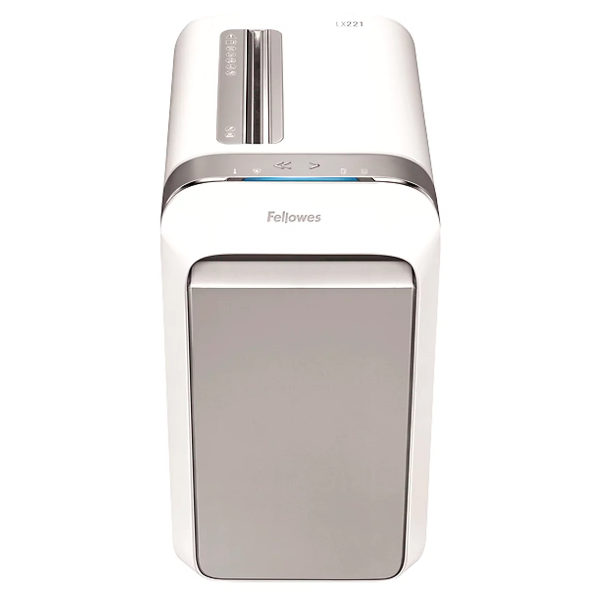 A white paper shredder with silver accents. Above is a paper feeder, below an operating surface.