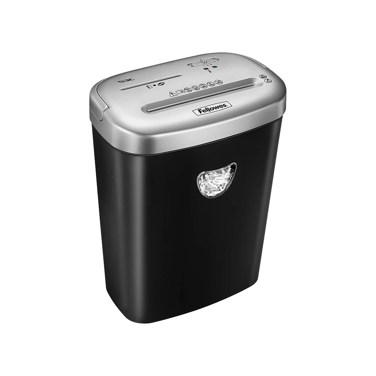 Black paper shredder with a silver top. A window shows shredded paper. The word 'Fellowes' is visible.
