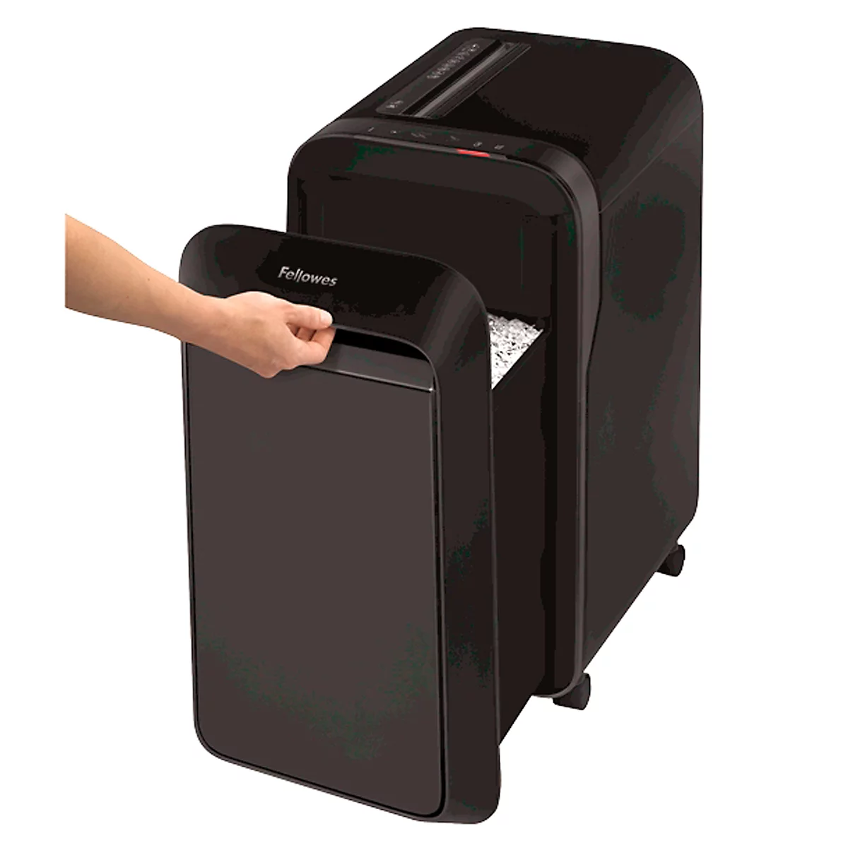 Black paper shredder with open waste bin. Hand opening the bin, filled with shredded papers. "Fellowes" logo.