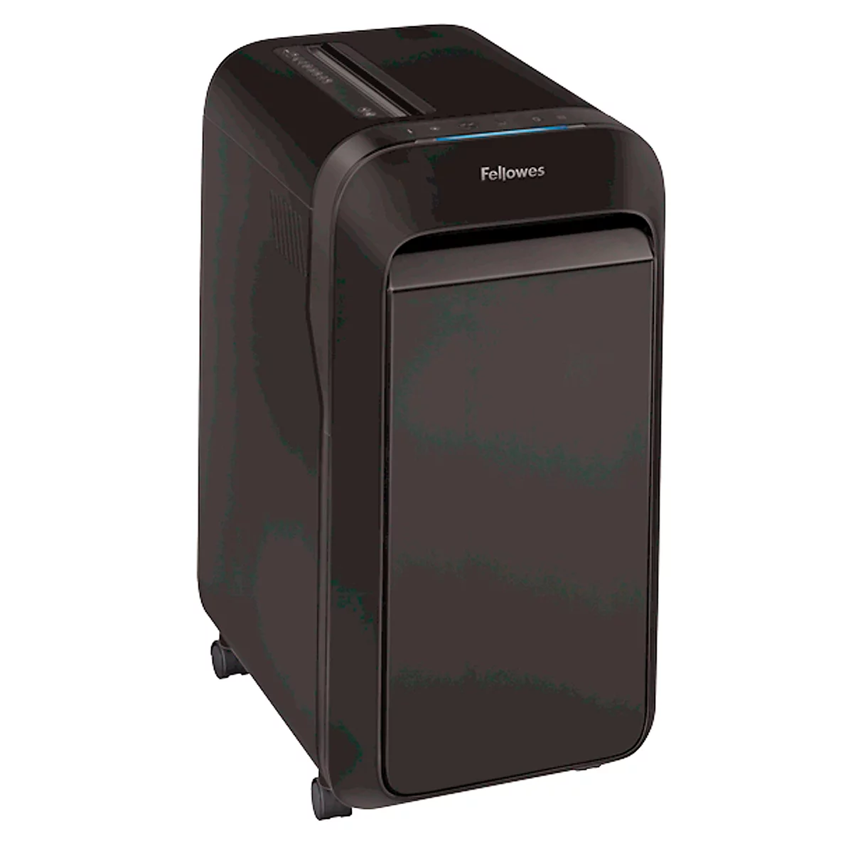 Black Fellowes paper shredder, with waste bin and rollers. Fellowes logo on top.