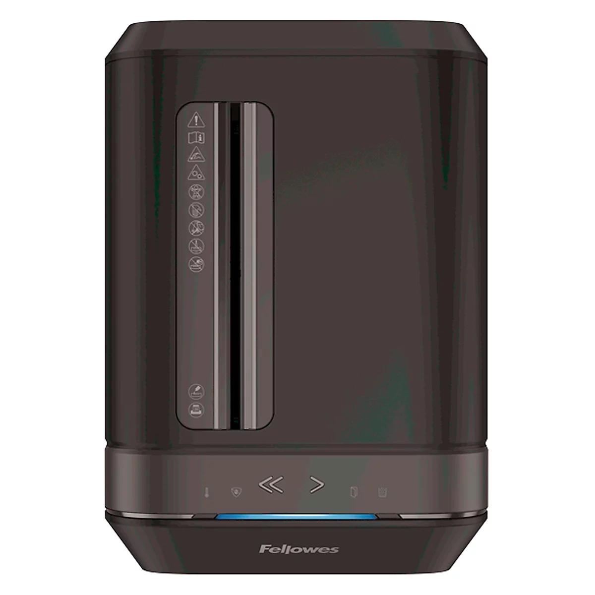 Dark grey paper shredder with various functions. Control panel with arrow keys, indicator lights, and the Fellowes brand name.