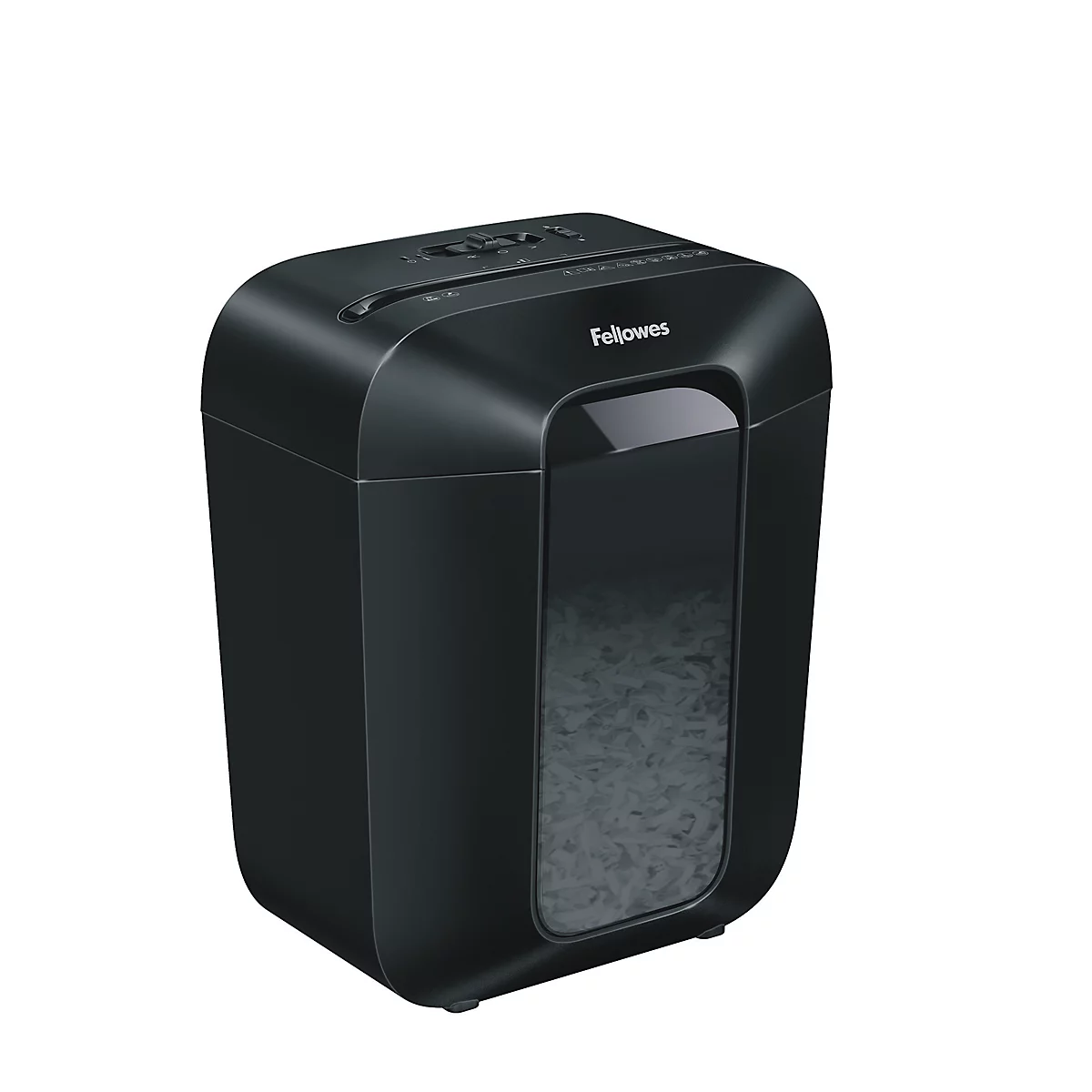 Black Fellowes shredder. A viewing window shows shredded paper.